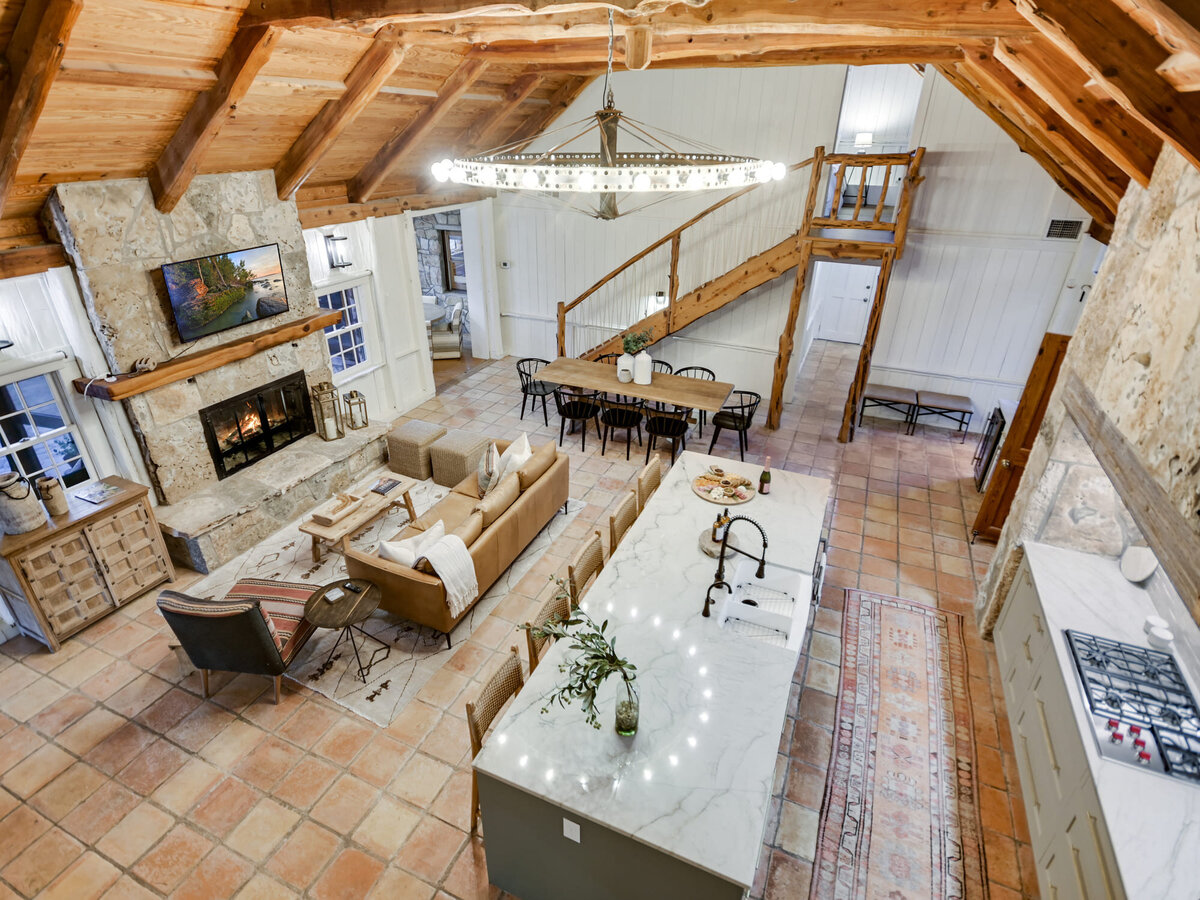 Aerial shot of living room and kitchen