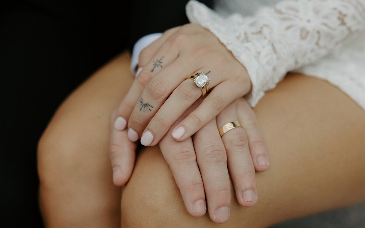 close up of bride and groom wedding rings