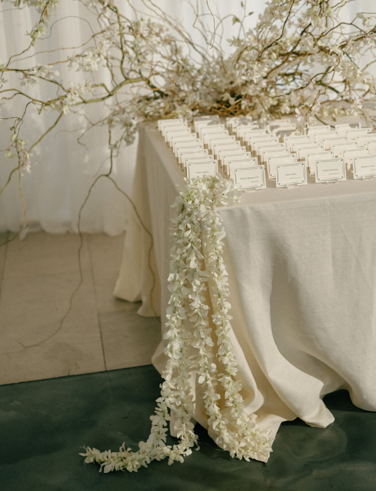 orchids flow over the edge of an escort card table design at State Savings Bank, Detroit
