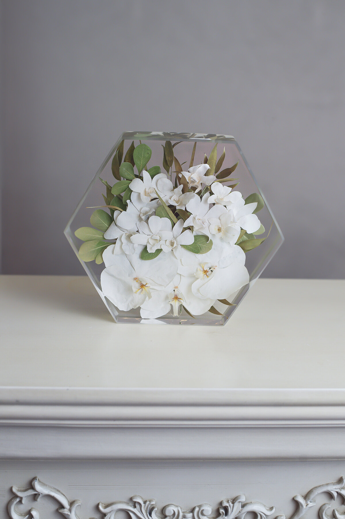 white orchid bouquet preserved in resin