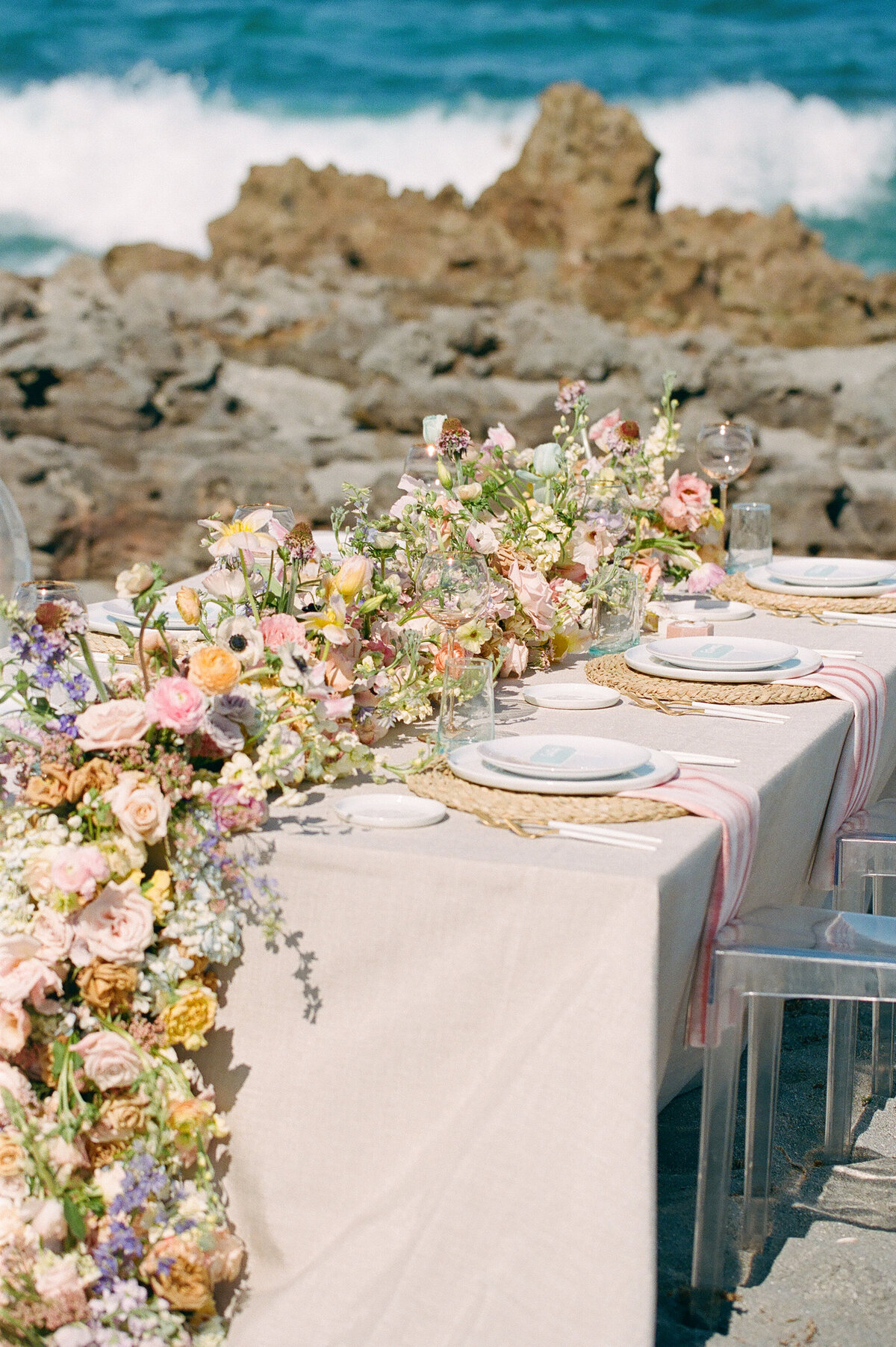 Tablescape with massive floral runner.