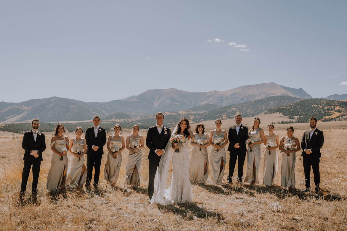 bride and groom and wedding party at colorado venue posing for photographer