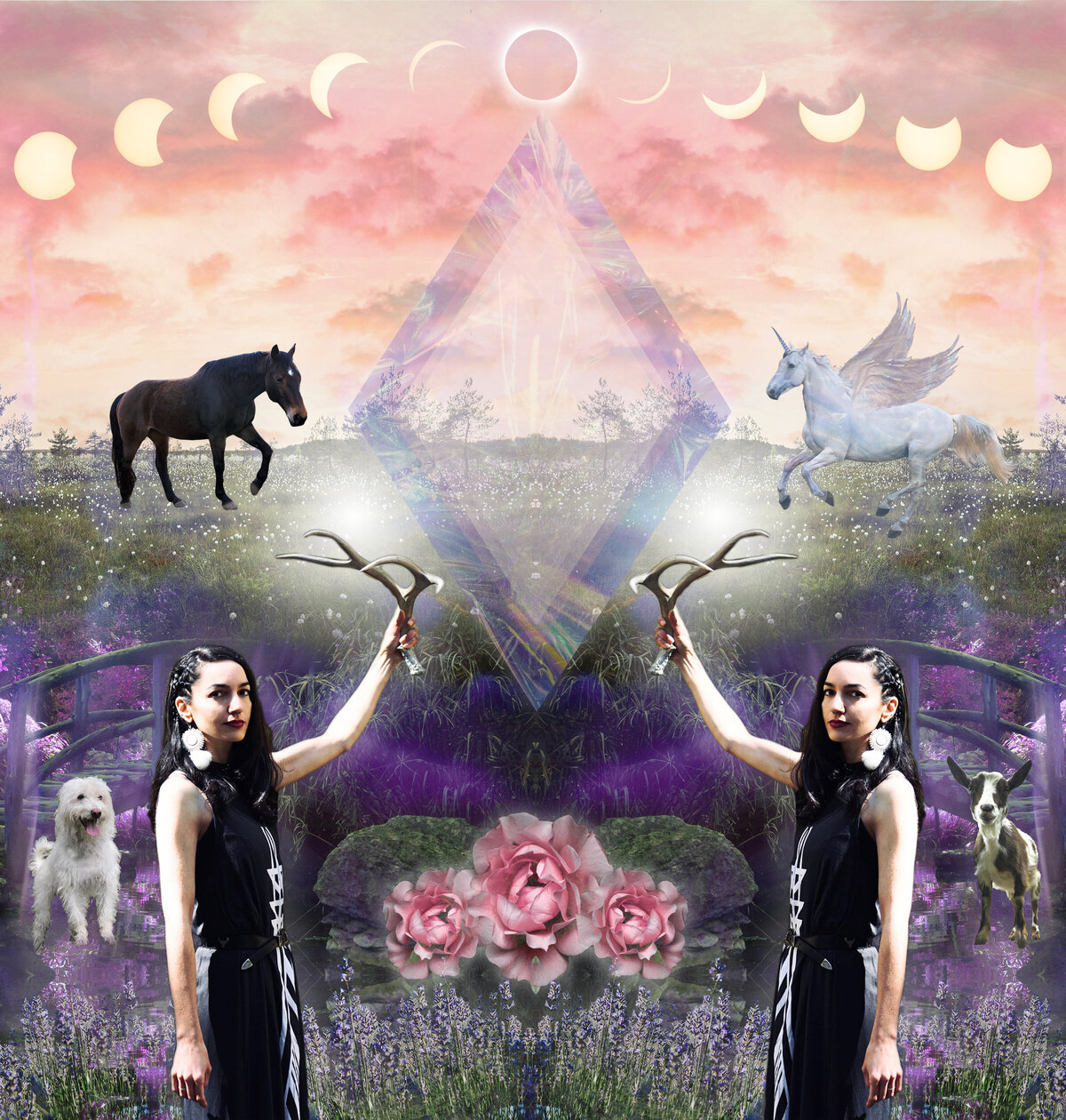 Collage art with a horse, unicorn, dog and goat alongside the founder of Alchemy Queen beneath an arc of moon cycles, representing multidimensional wisdom and animal communication.