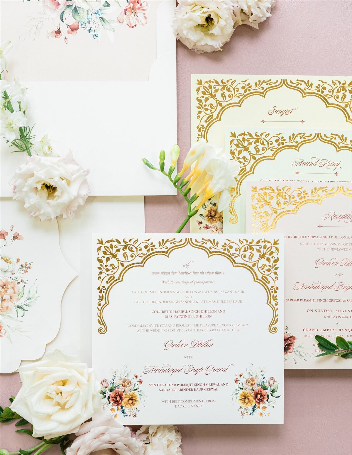Gold Foil Floral Sikh wedding invitation suite G Designers 2