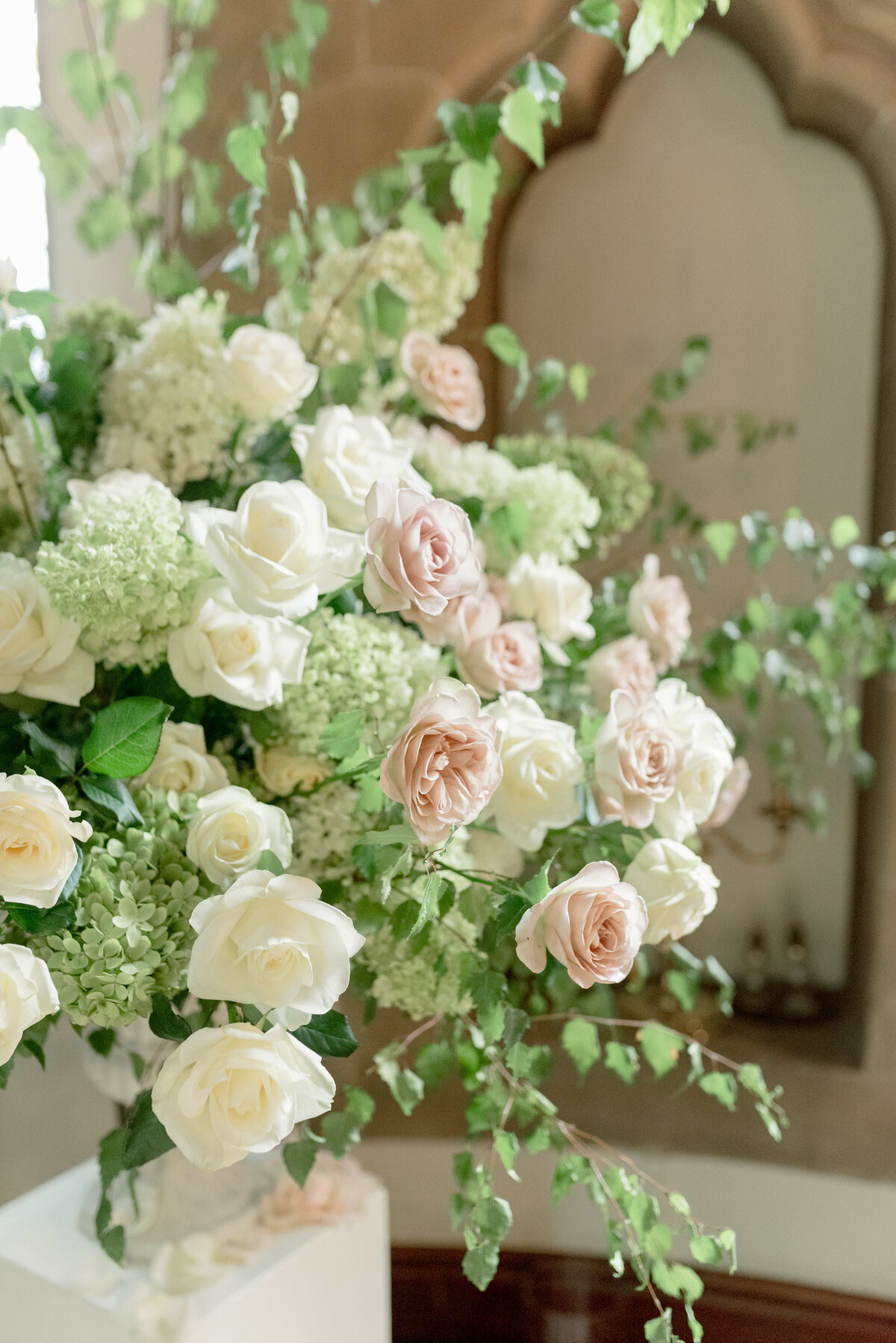 Cromlix House soft pink and ivory wedding florals by Lavender and Rose Events, Chapel wedding in Cromlix House Scotland.