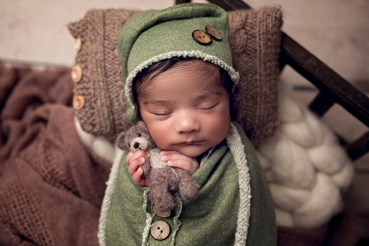 Woodland-themed newborn session featuring baby boy in green knit outfit cuddling a tiny stuffed teddy.
