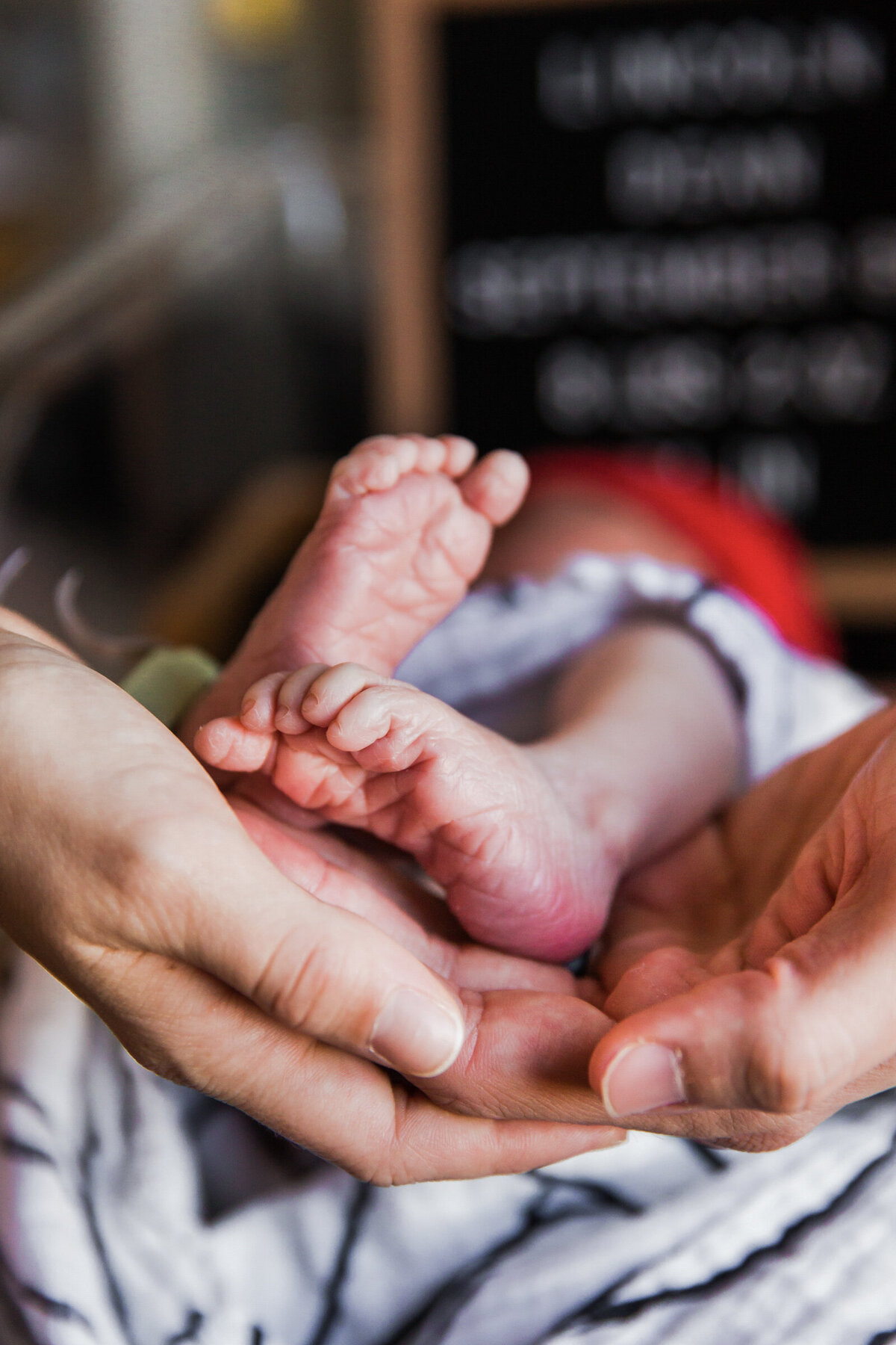 closeup of newborn baby's feet in hospital