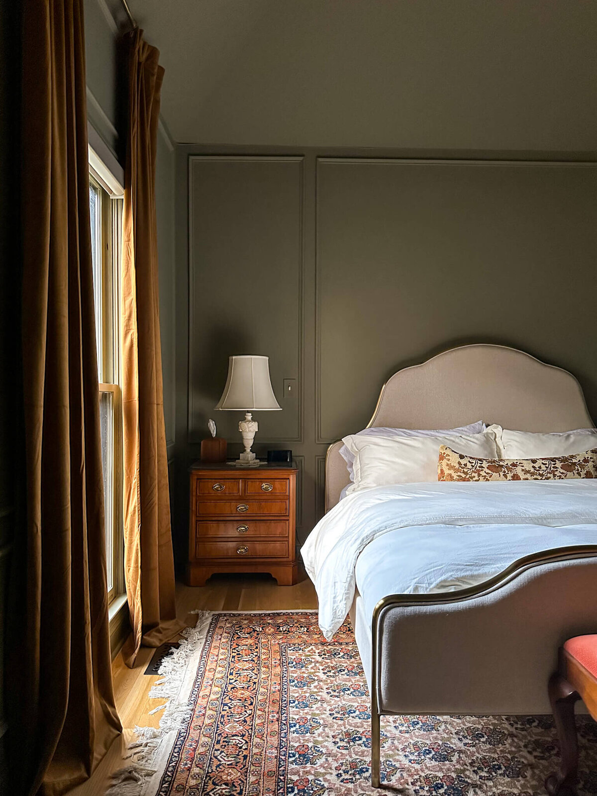 moody-green-bedroom-antique-nightstand