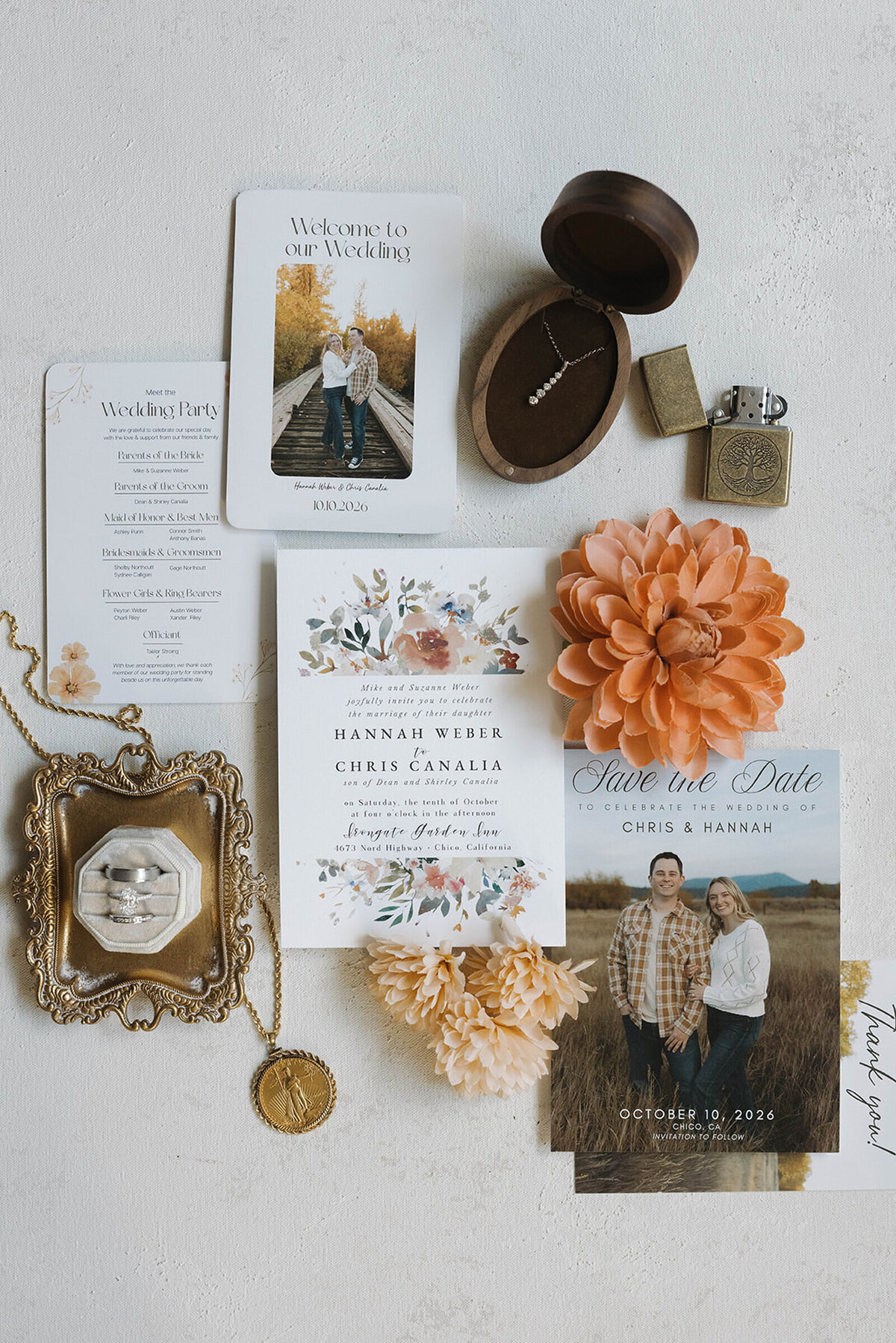 Wedding invitation suite and ring box details