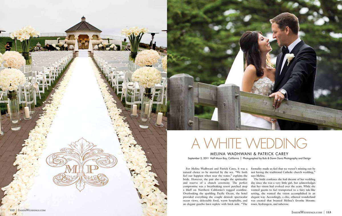 Words cannot describe how excited we are for Melina and Patrick to have their beautiful wedding at The Ritz-Carlton, Half Moon Bay featured in the Fall 2012 edition of Inside Weddings magazine. A humble, but huge thank you to Party Planner Mindy Weiss for referring us. She is Hollywood's talent at its best! And Mark's Garden did an outstanding job with the decor! Click here for a list of vendors.
