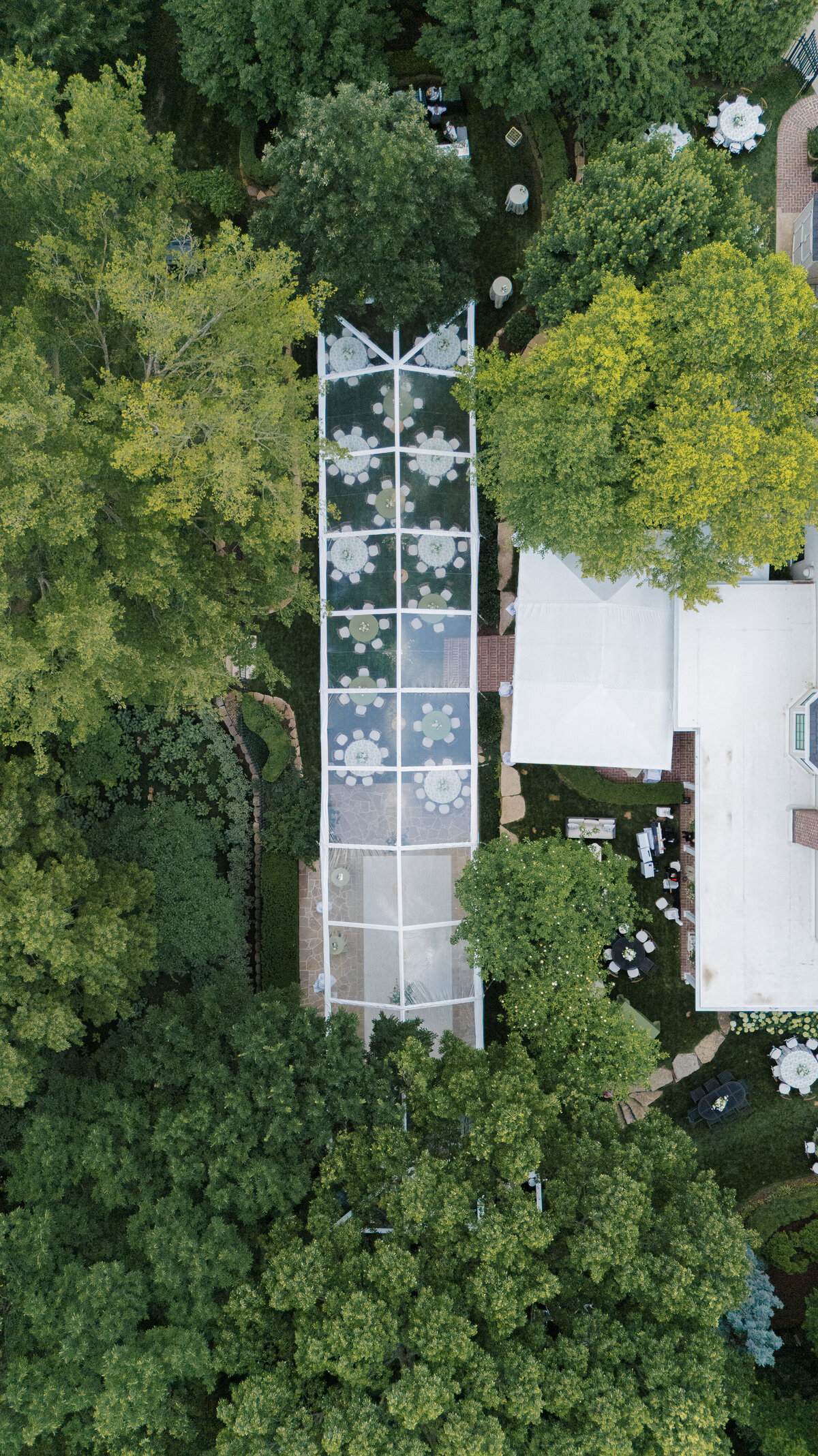 drone overhead photo of tented wedding reception on private estate