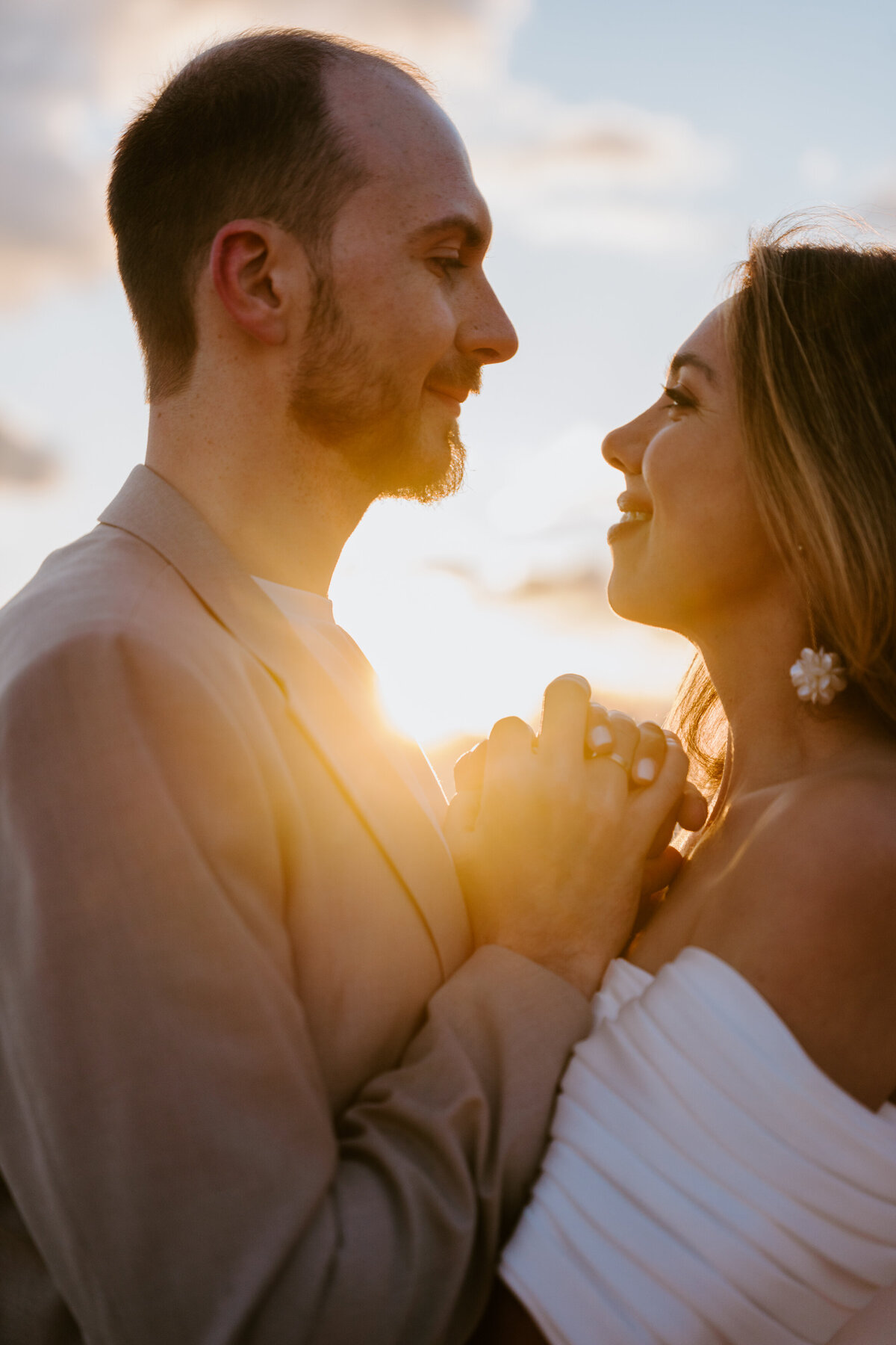 romantic couple close up shot during twilight elopement in Dolomites