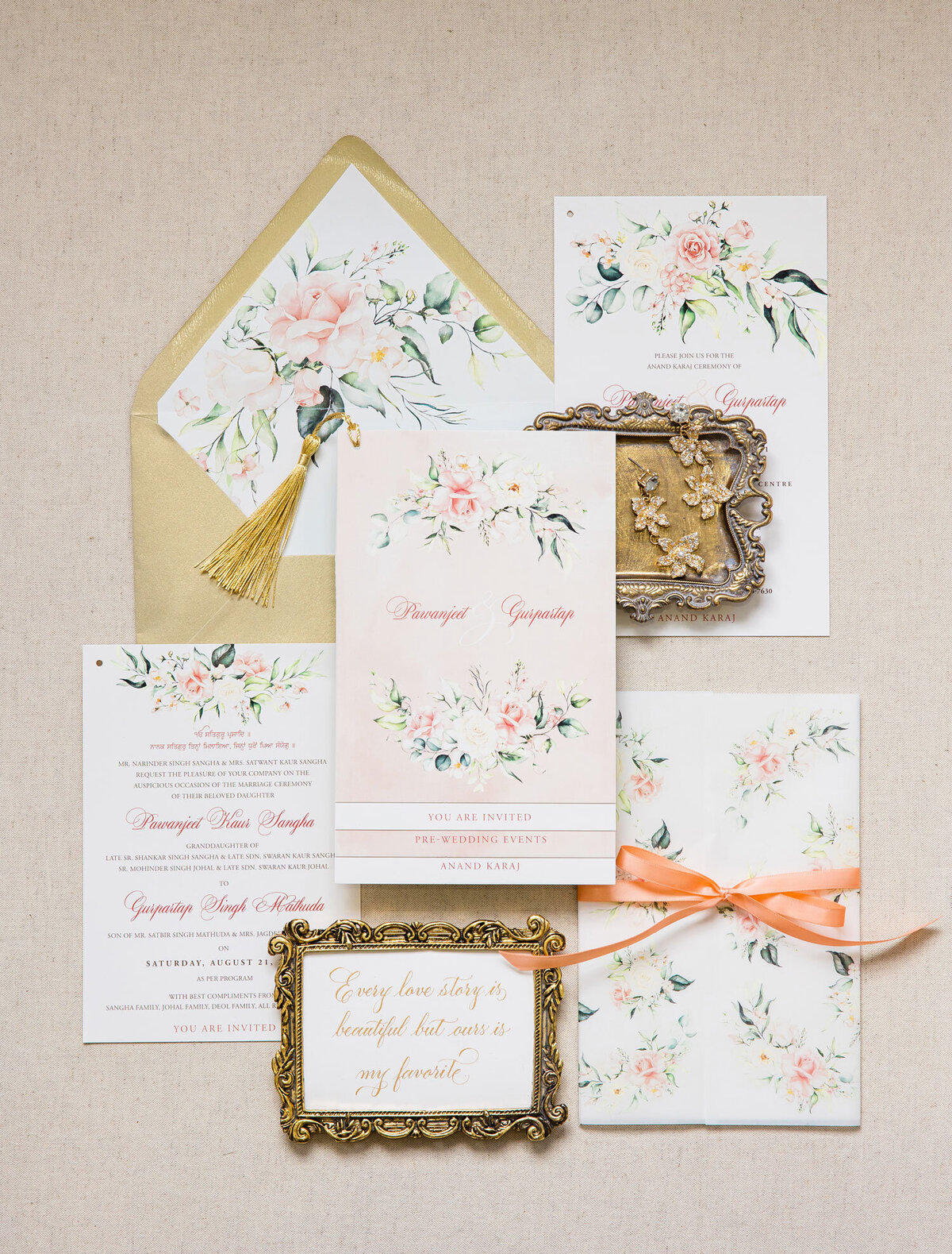 Blush florals vellum & tassel wedding invitation 1