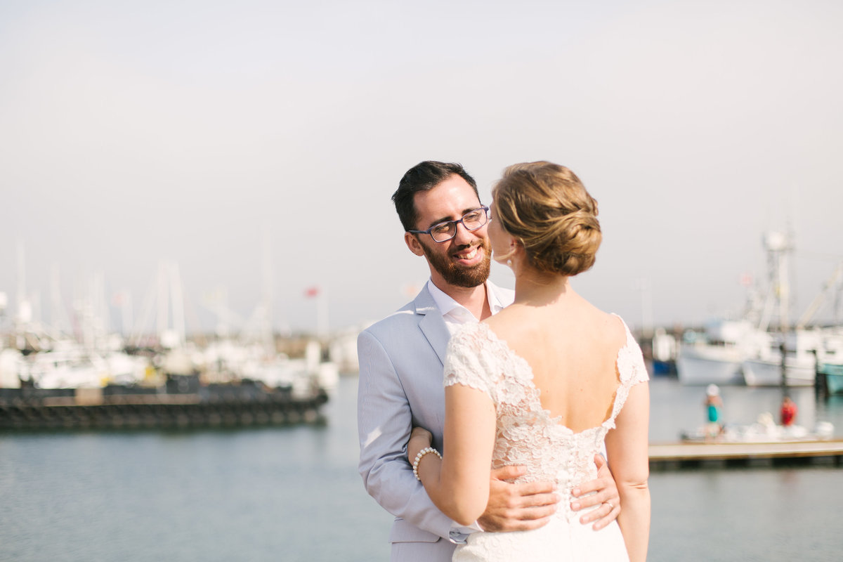 Bride and Groom at Santa Barbara Harbor for wedding at the Maritime Museum