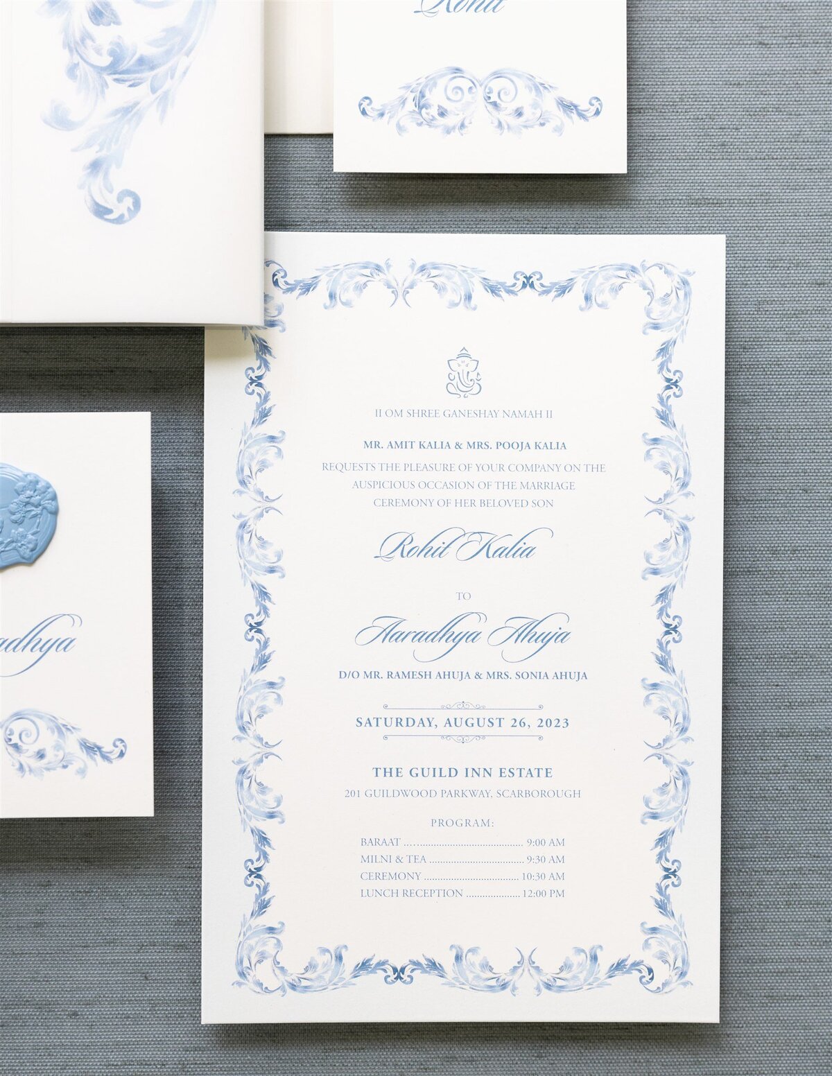 Dusty blue & ivory Hindu wedding invitation 4