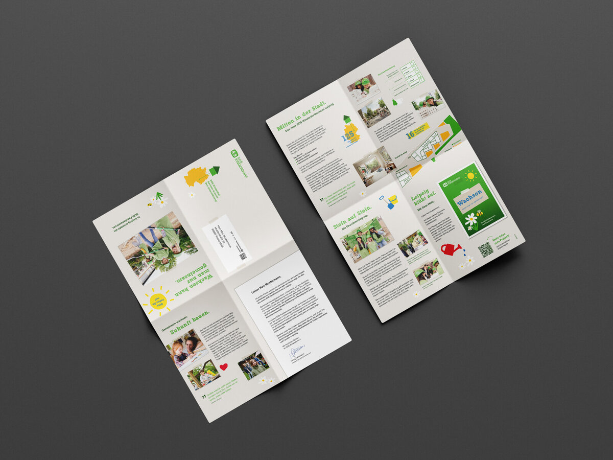 Aufgefaltetes Mailing von SOS-Kinderdorf e.V. – Printdesign mit emotionaler Spendenbotschaft.