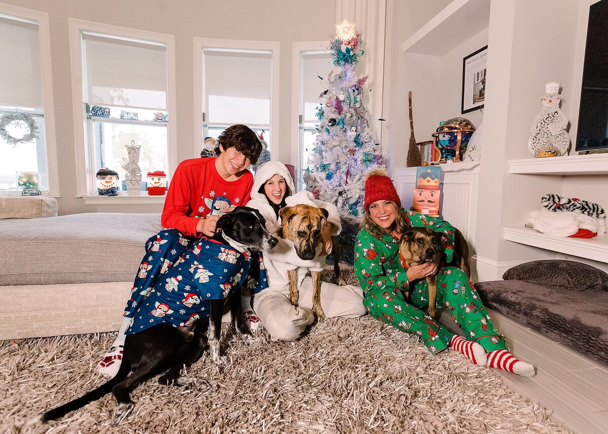 Family with dogs in front of the Christmas tree with matching pjs, hugging and laughing