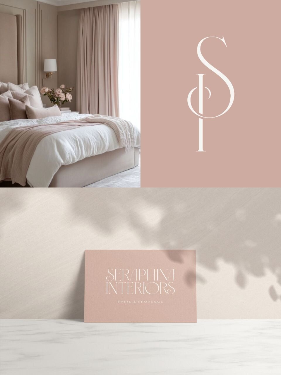 A serene bedroom styled in soft neutrals and blush accents, paired with the Seraphina Interiors monogram and a blush-toned business card featuring the Paris & Provence tagline, reflecting effortless, elevated living.