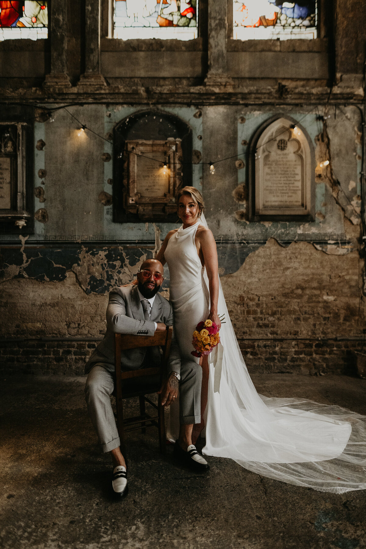 A bride and groom portrait at The Asylum Chapel in London.