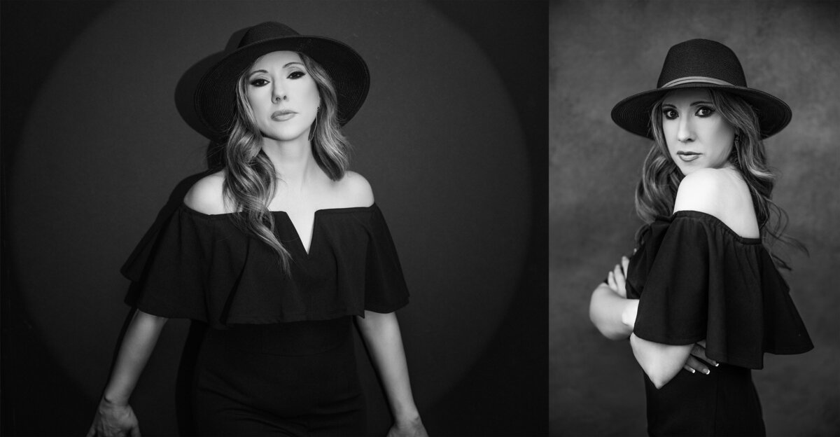 A black and white image of a woman in a hat posing for a glamour portrait at Janel Lee Photography studios in Cincinnati Ohio