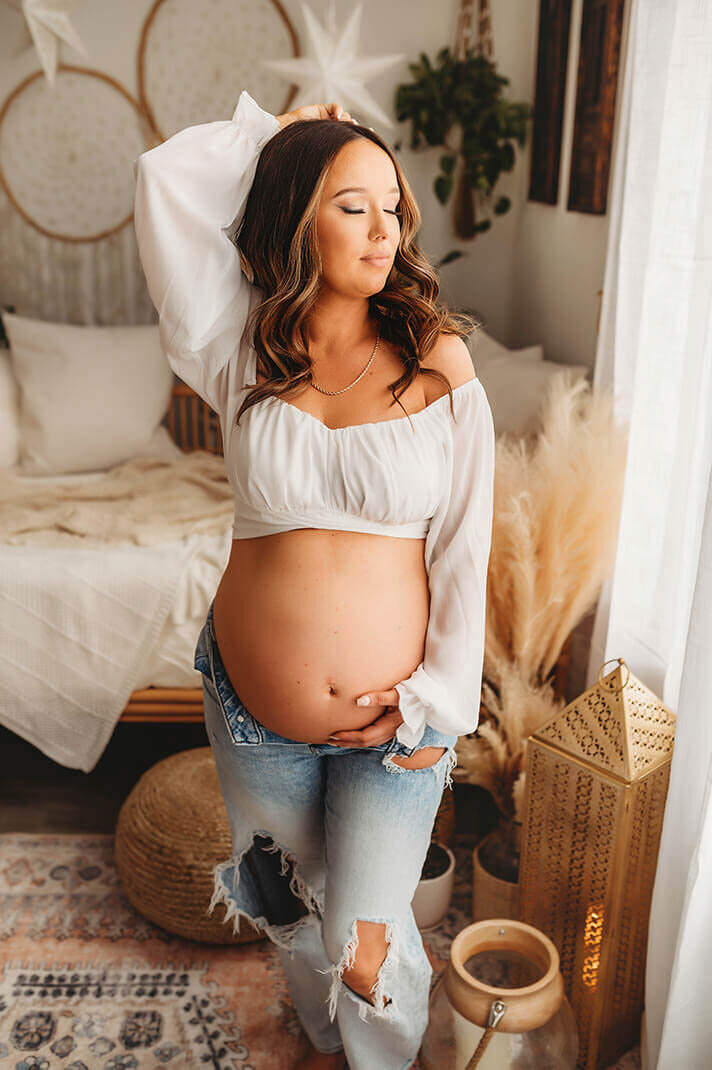 Expectant mother poses for Editorial, Studio Maternity Photo session in Charleston, SC.