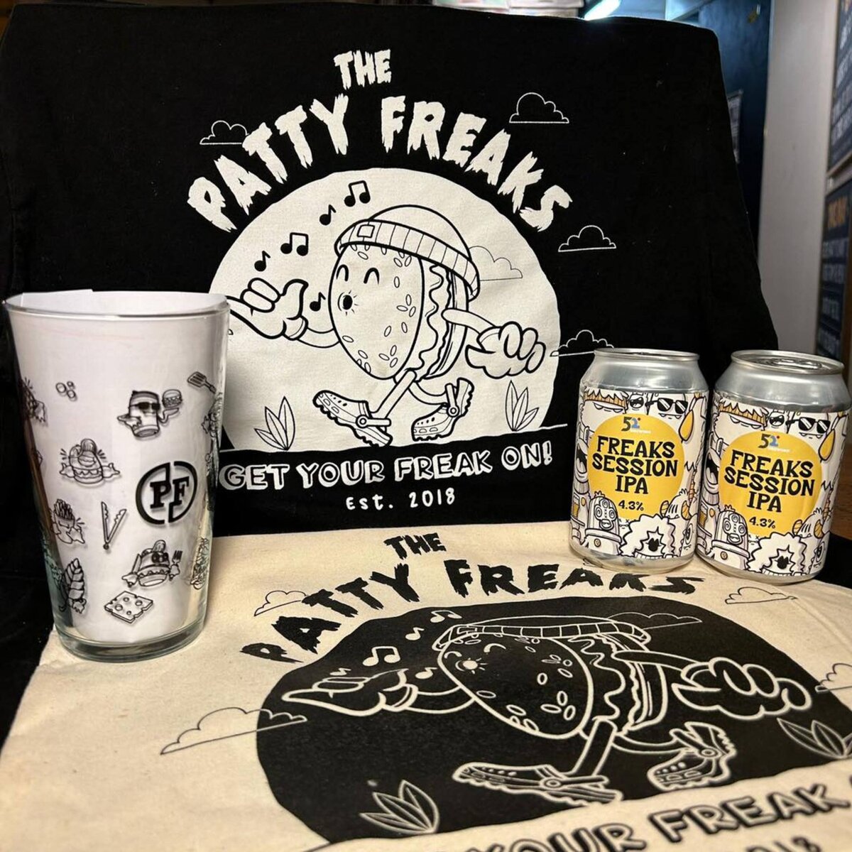 Patty Freaks t-shirts, cup, IPA's and tote bag