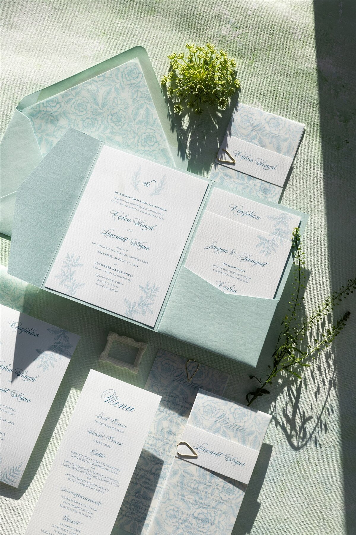 Aqua green pocket-fold Sikh wedding invitation 7