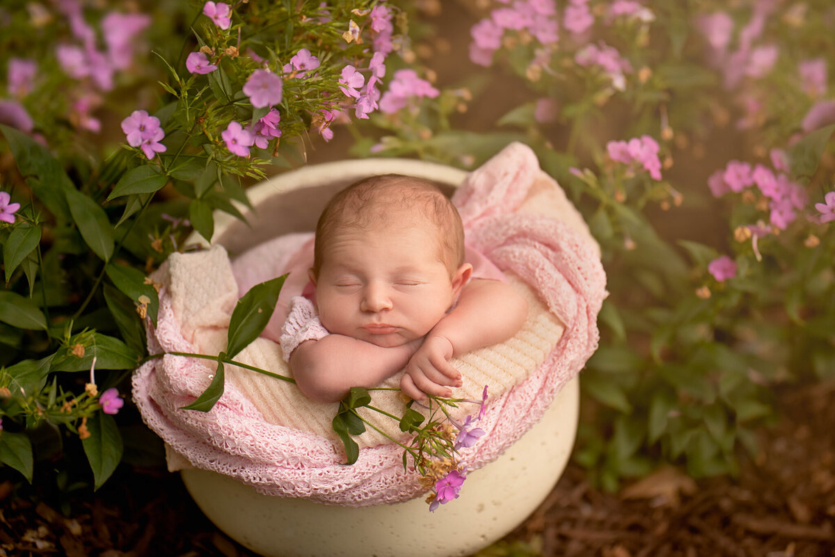 Newborn posed among spring blossoms in a pastel floral setting, captured in Overland Park, Kansas. Perfect for families who want nature-inspired newborn photography in the Kansas City area."
