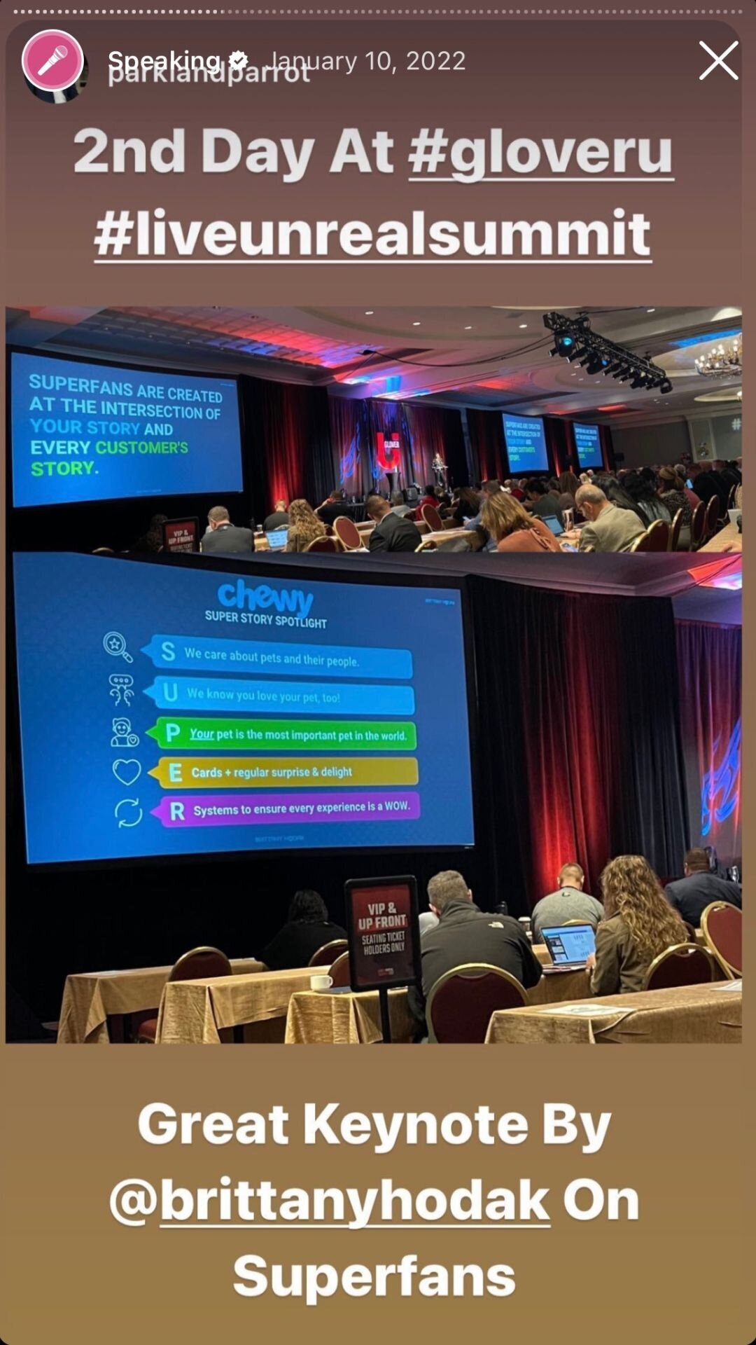 Instagram story testimonial from audience member at real estate event. User raves that Brittany Hodak had a great keynote.