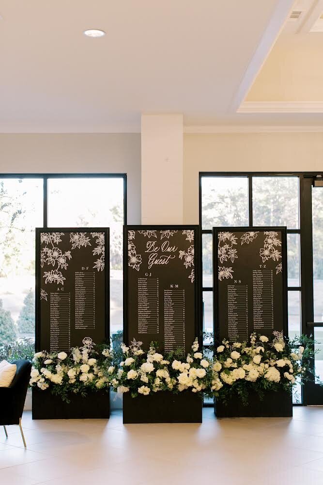 Wedding reception black seating chart backdrop with 3 sections and decorated with white florals and greenery