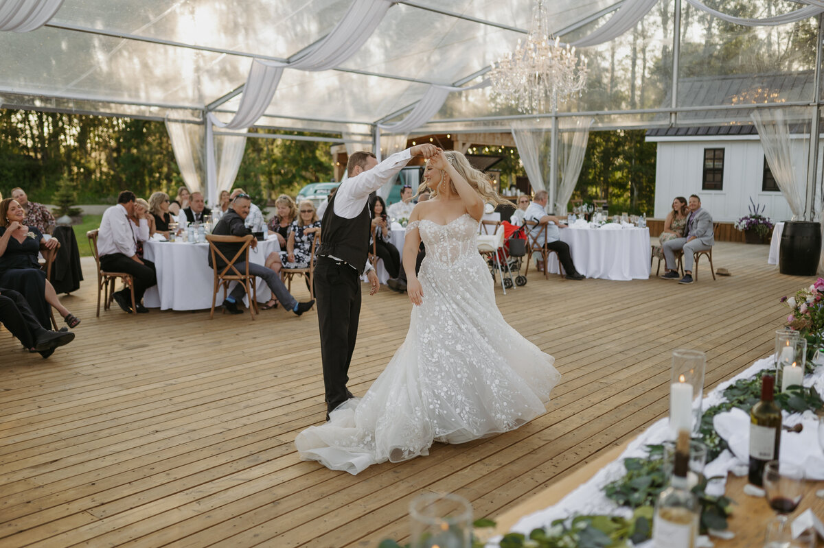 first dance, bride spin at alberta reception