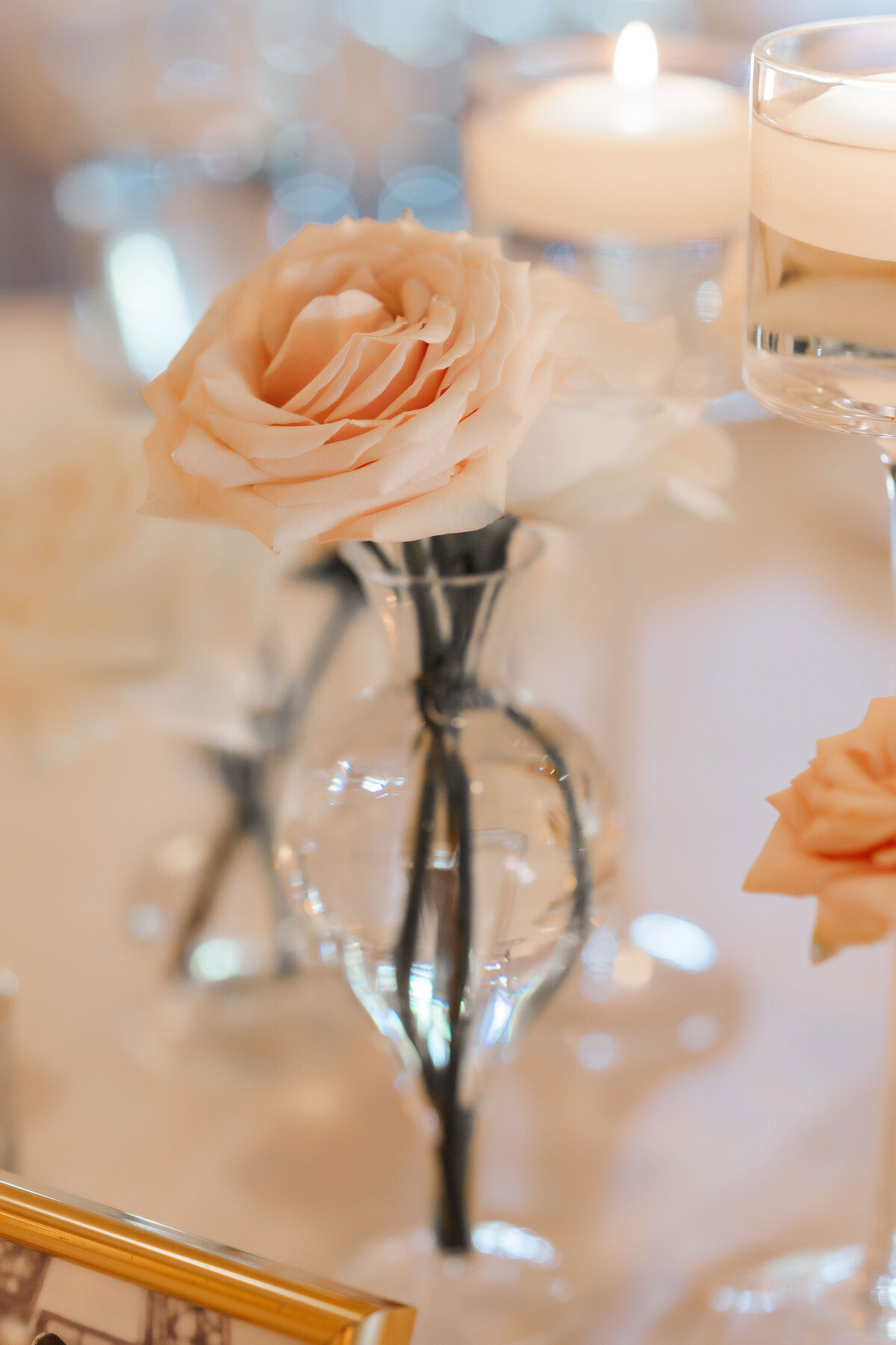 a single wedding flower in a glass vase by sapphire and lace