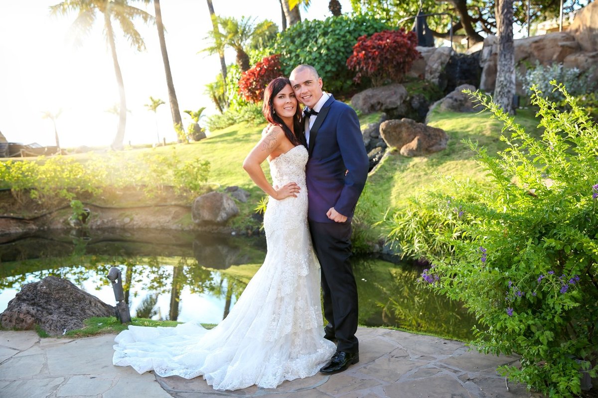 Capture Aloha Bride and Groom at the beautiful garden with pond and sunset