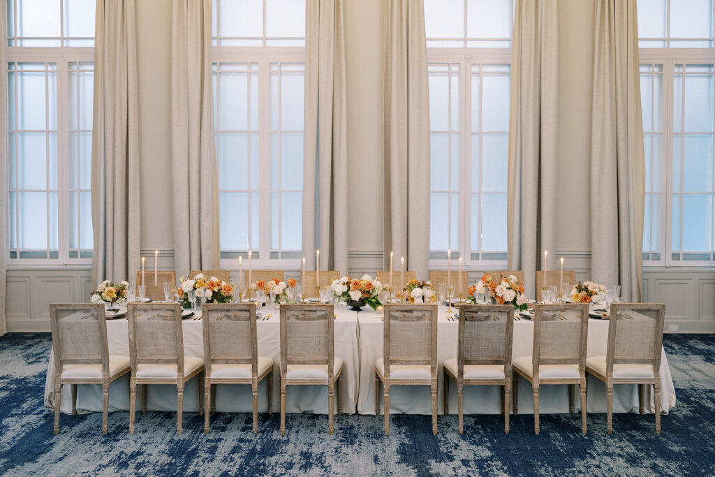 Elegant reception tablescape at Fairmont Palliser, historical and romantic, Calgary wedding venue, featured on the Brontë Bride Vendor Guide.