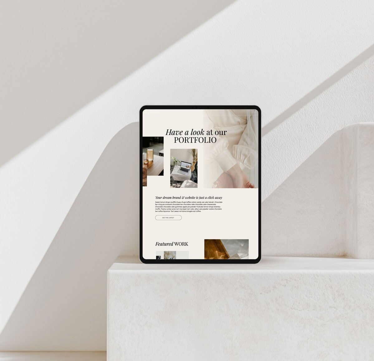 Rue Saint-Honoré premium ShowIt template displayed on iPad with modern white architectural background — chic high‑end website design.