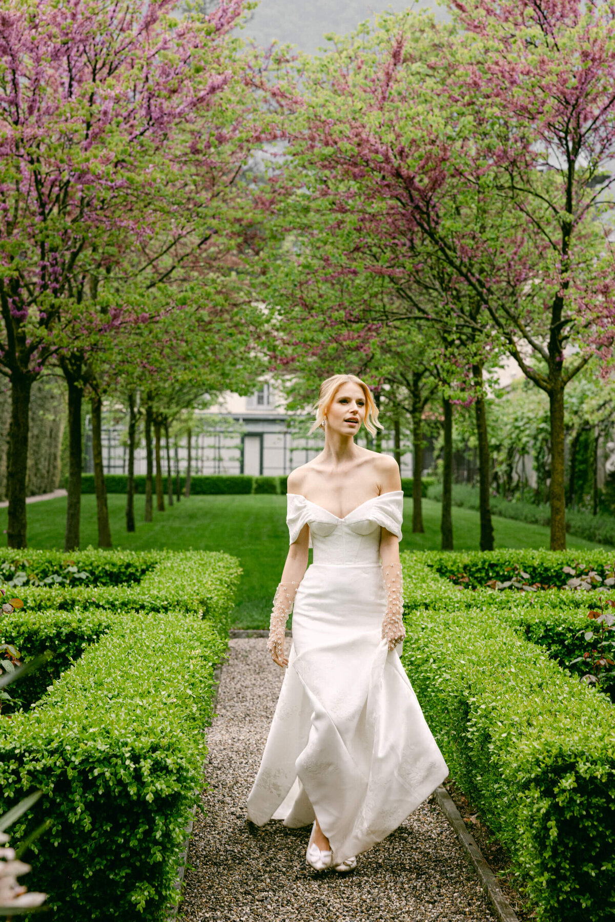 A wedding photo of a bride in her white wedding dress at Villa Balbiano on Lake Como in Italy