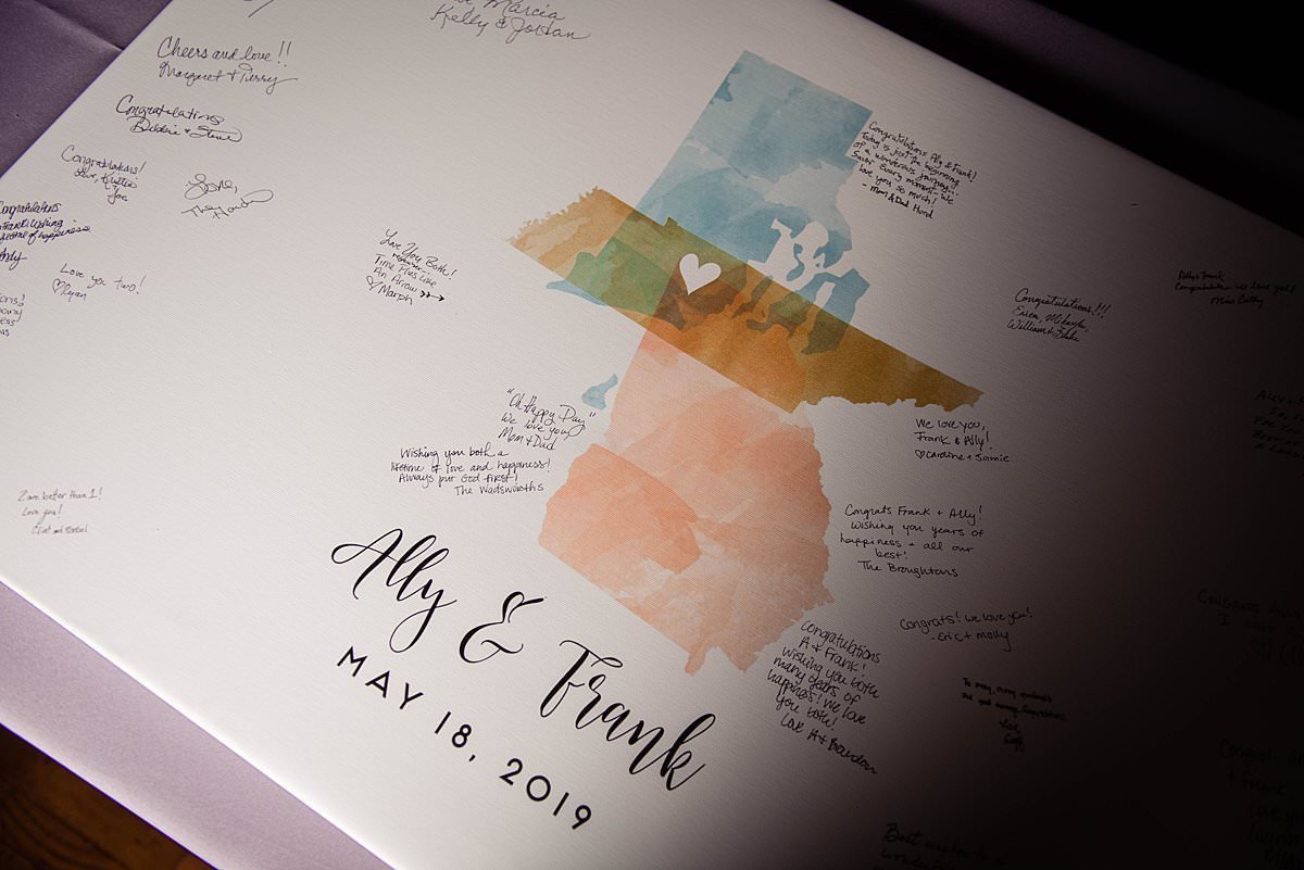 Custom Print of 3 states and their names calligraphed on a matte for guests to sign around