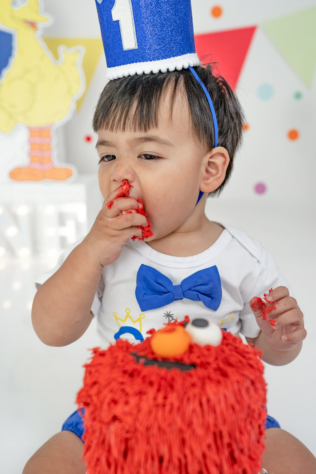 Boy in birthday outfit eating an Elmo cake during themed cake smash session— captured by Alliston and Barrie cake smash photographer.