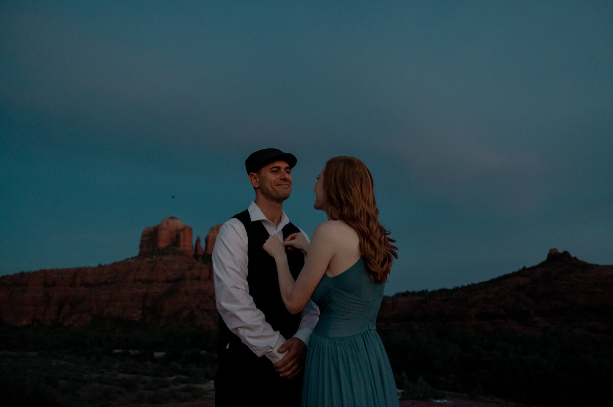 Sunset engagement photo in Sedona with golden Arizona light