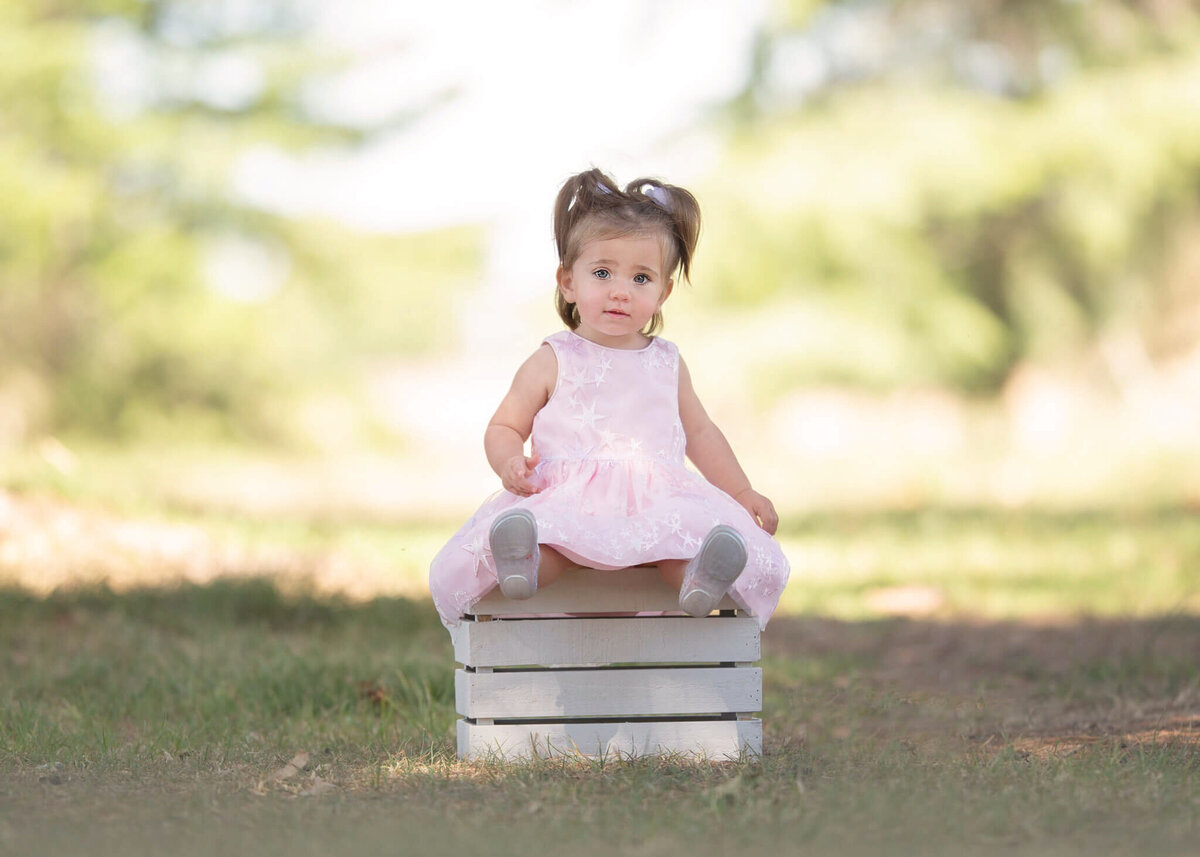 Toddler sitting on a box wearing a pink dress - Los Angeles Children’s Photographer