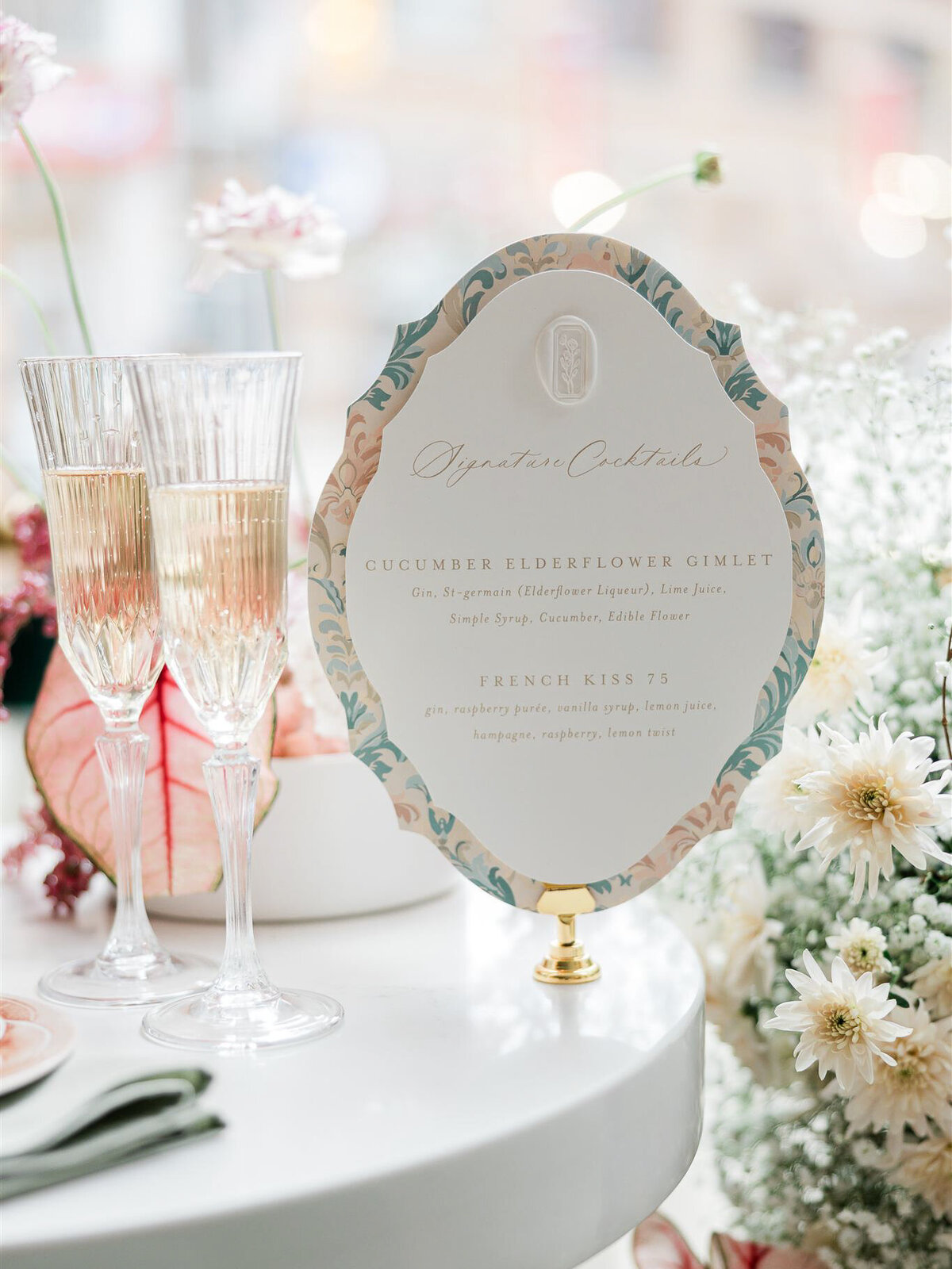 Layered custom die-cut wedding signature cocktail bar sign with wax seal