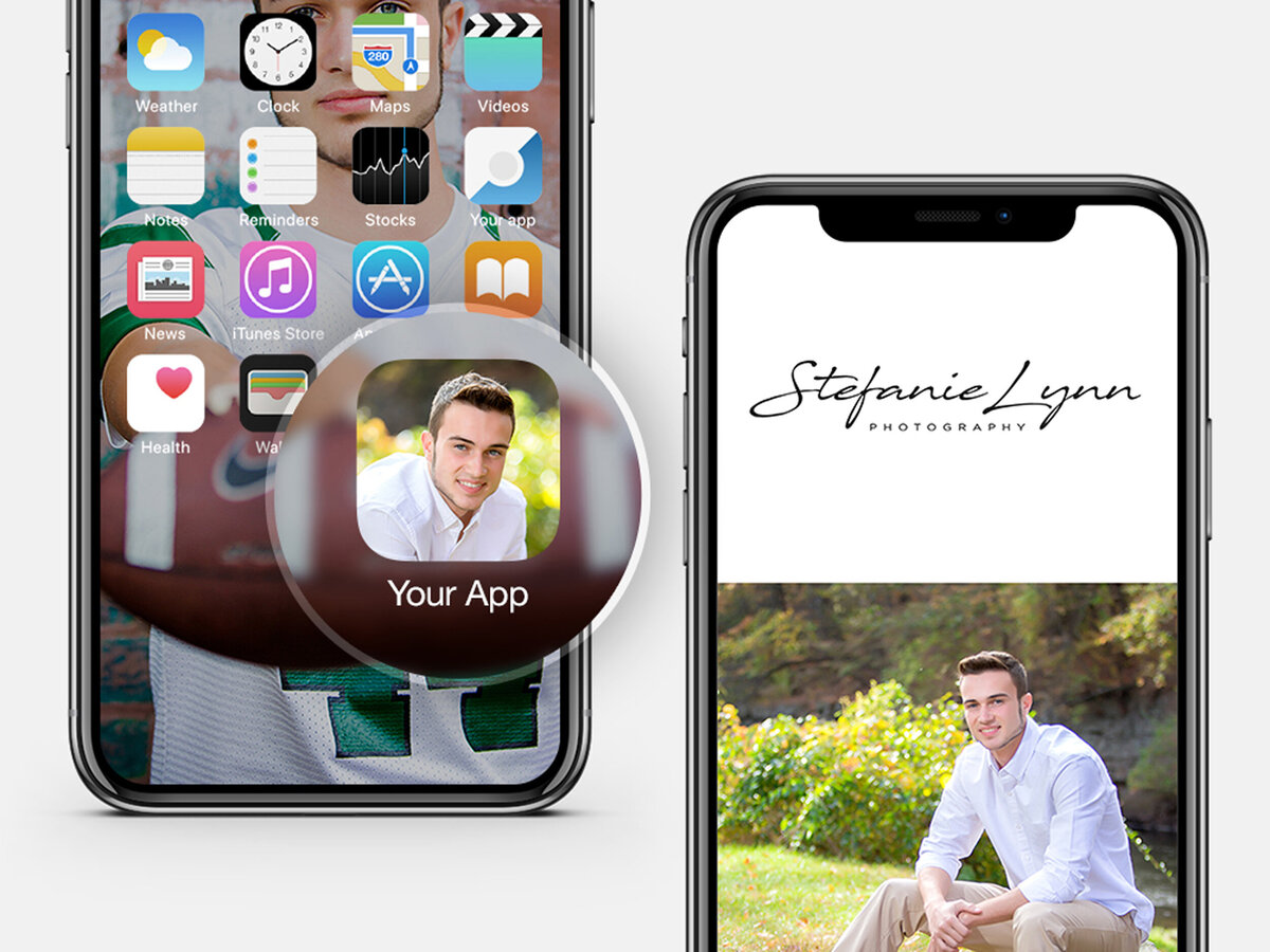 Image of a phone app with a high school senior boy's picture on the home screen created by a South Shore MA senior photographer