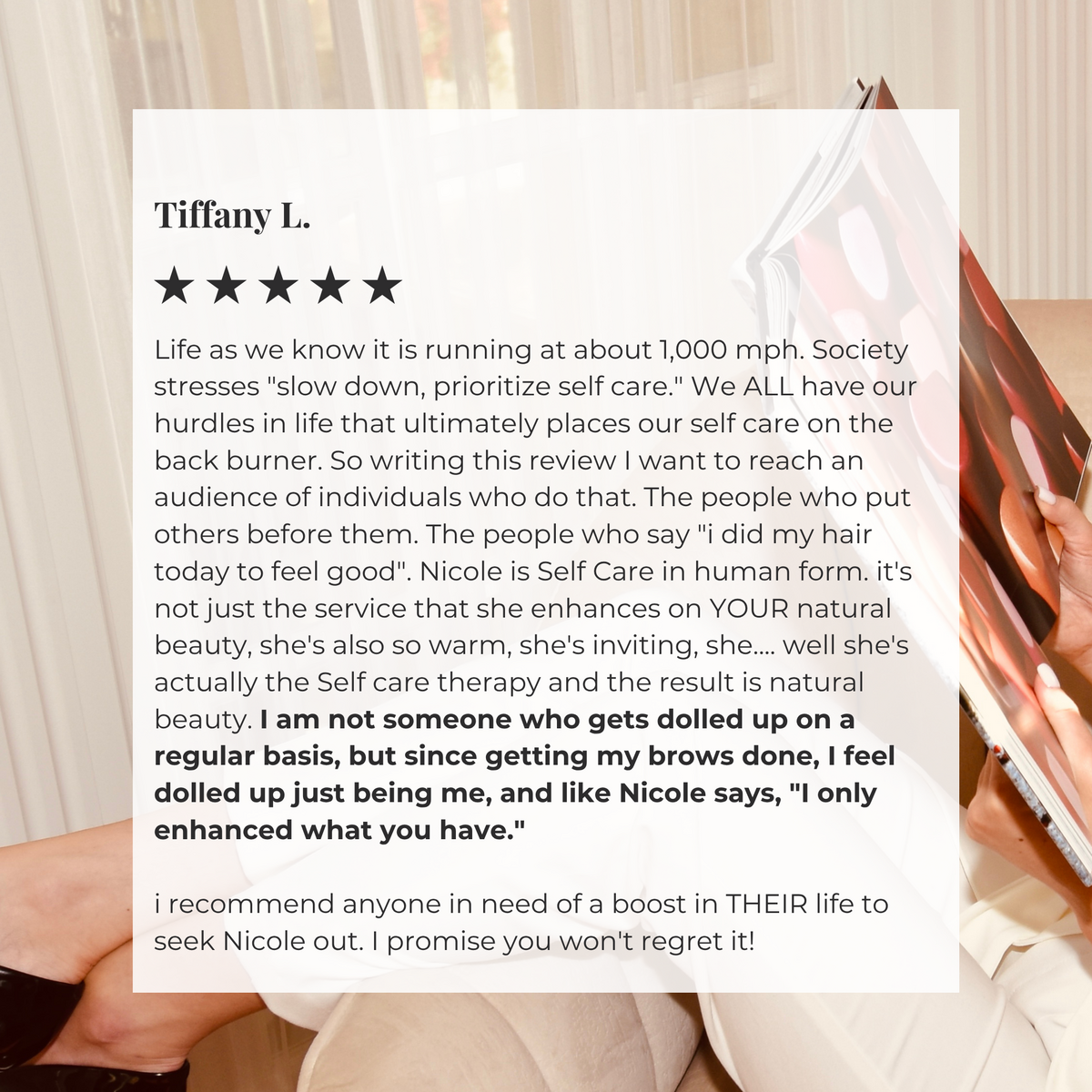 5-star client review praising soft, natural-looking powder brows and expert permanent makeup application