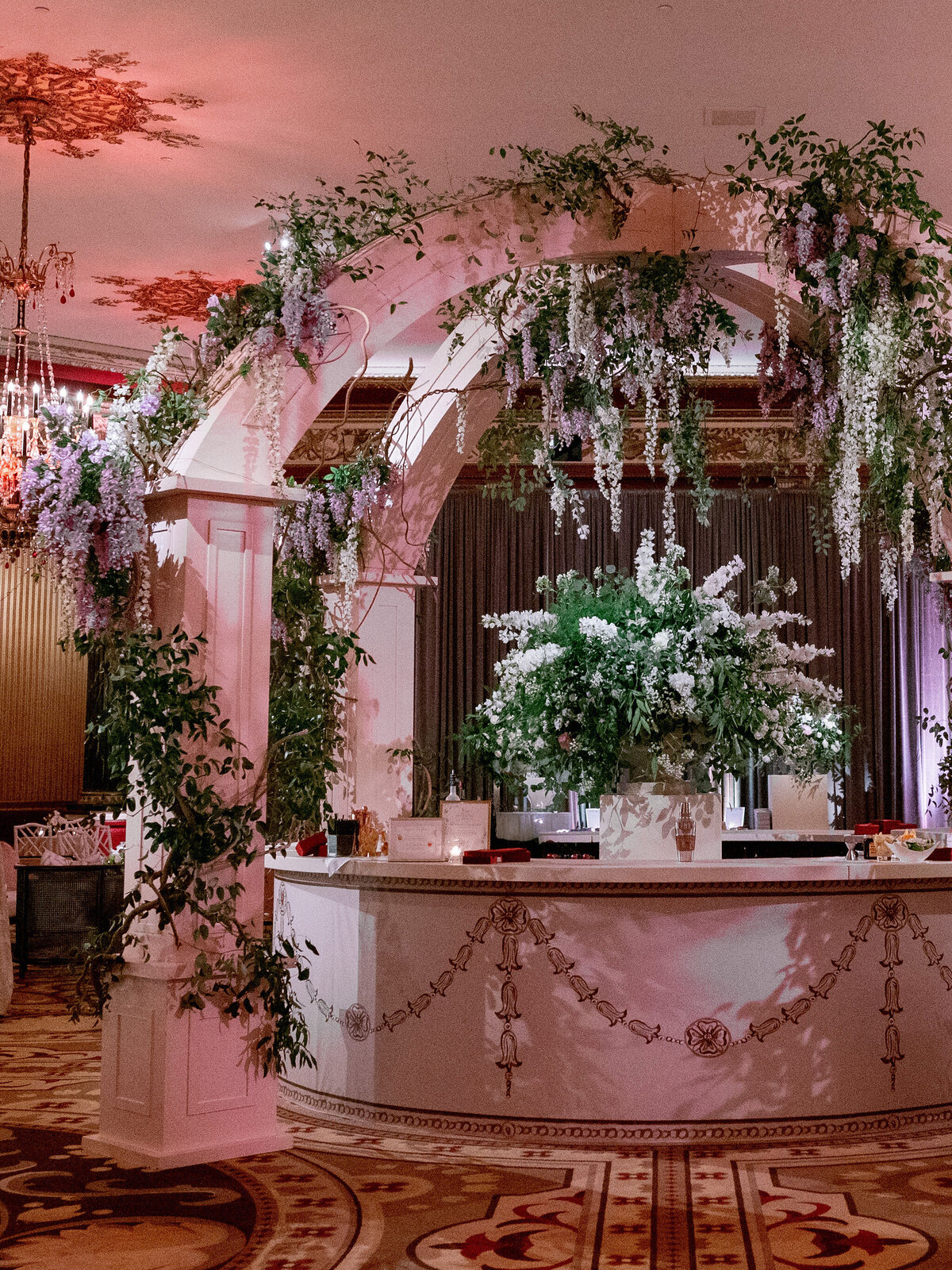 Close up of the floral arrangements at the wedding reception. 