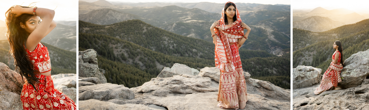 Indian woman wearing red saree on top of a mountain in Boulder