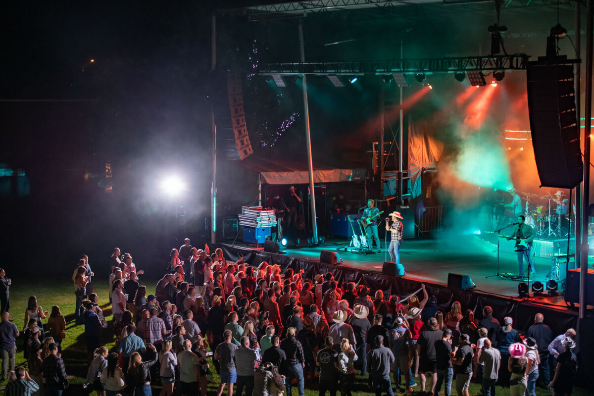 Outdoor night concert with stage lights and cheering crowd