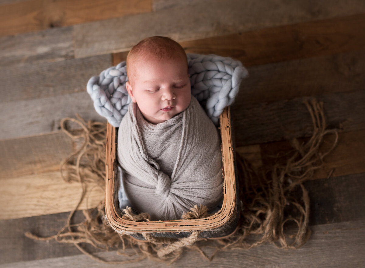 Wrapped newborn in creative bucket photo session by Laura King Photography