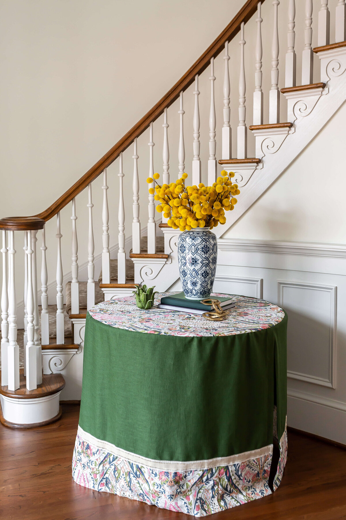 sweet southern home post project green tablecloth on table near stairs