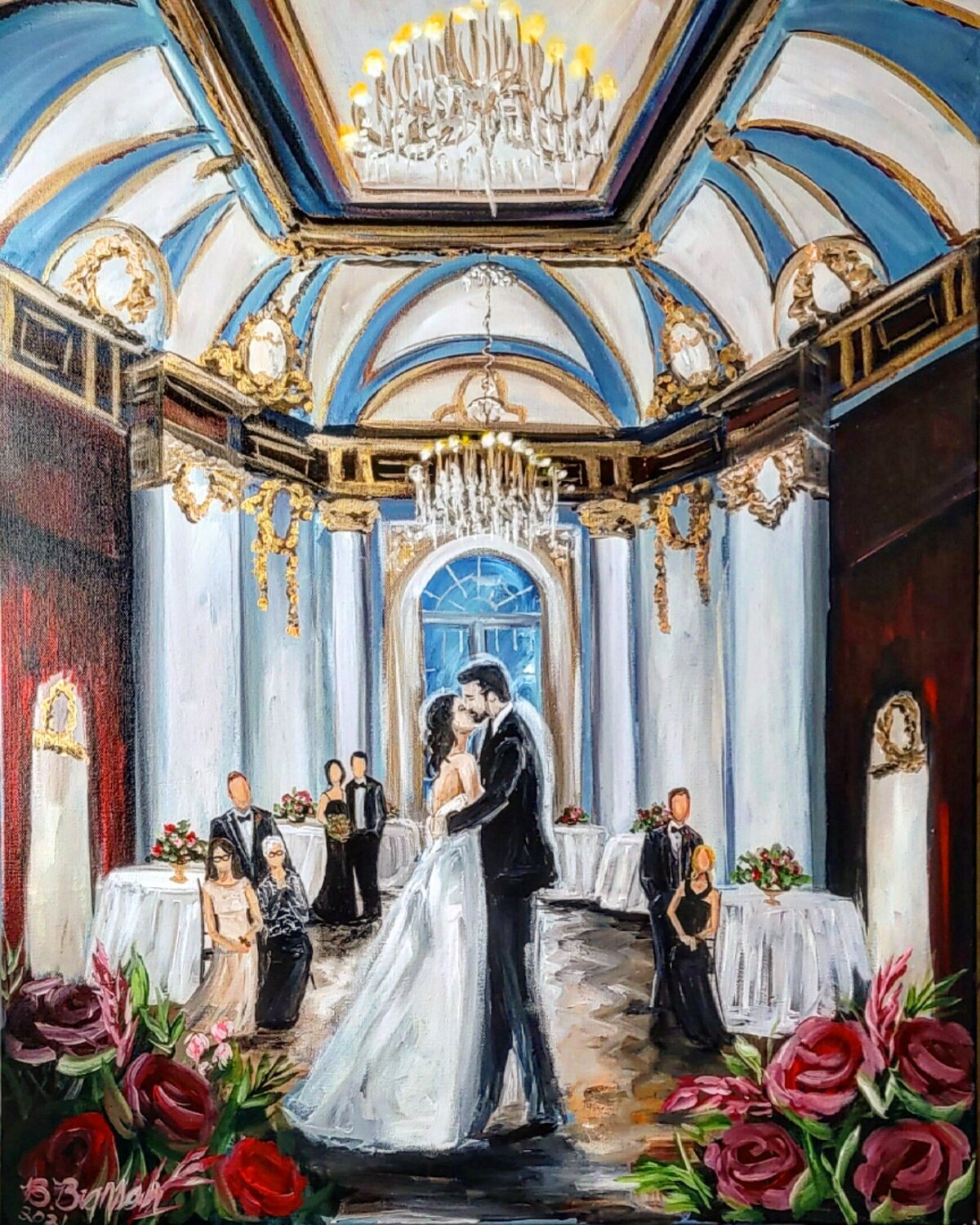First kiss live wedding painting at the Belvedere in Baltimore, Maryland. Couple in wedding attire are surrounded by their parents.