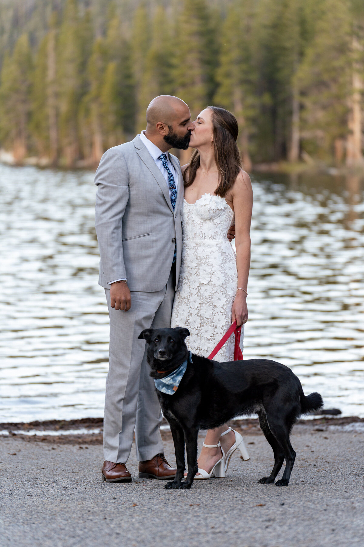 A couple kissing while a dog stands in front of them